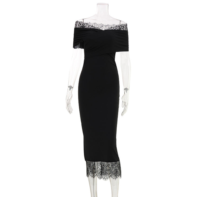 Lace Trim Off Shoulder Ruched Wrap Bodice Bodycon Midi Dress 2