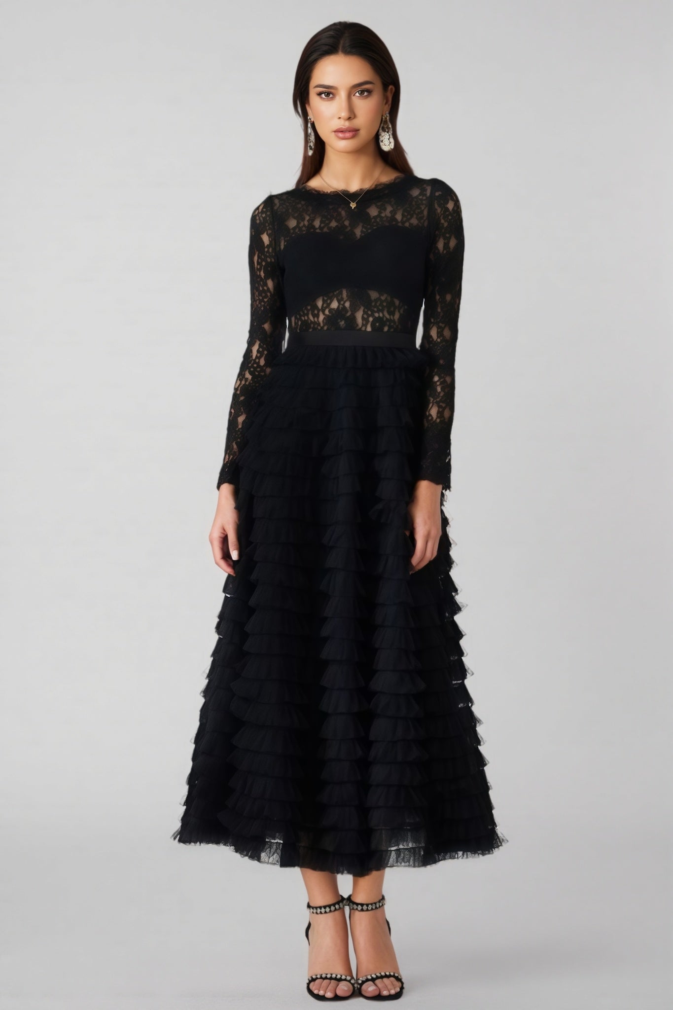 Rafik Black Hollow Lace A-line Maxi Dress - View 3