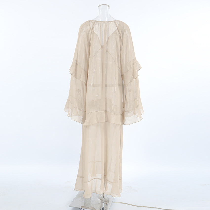 Sheer Tiered V-Neck Tie Neck Long Flared Ruffle Sleeve Maxi Dress