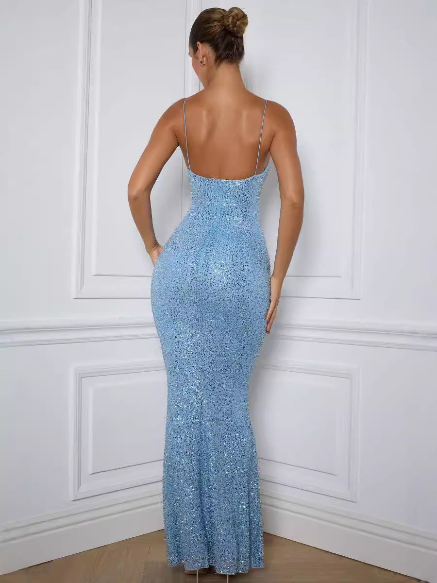 Sequin Spaghetti Strap Mermaid Bodycon Formal Maxi Gown