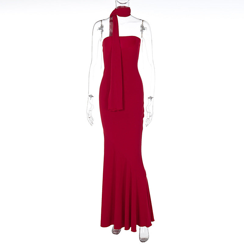 Fall Elegant Close Fitting Waist Mid Length Wrapped Chest Fish Hem Pattern Bottom Shawl Dress