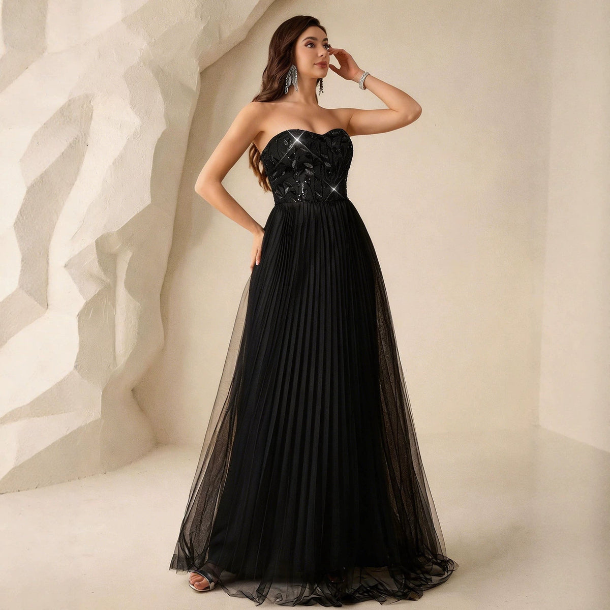 Evening Dress Tube Top Ball Elegant Mesh Sequ Back Strap Back Zipper Large A Swing Dress