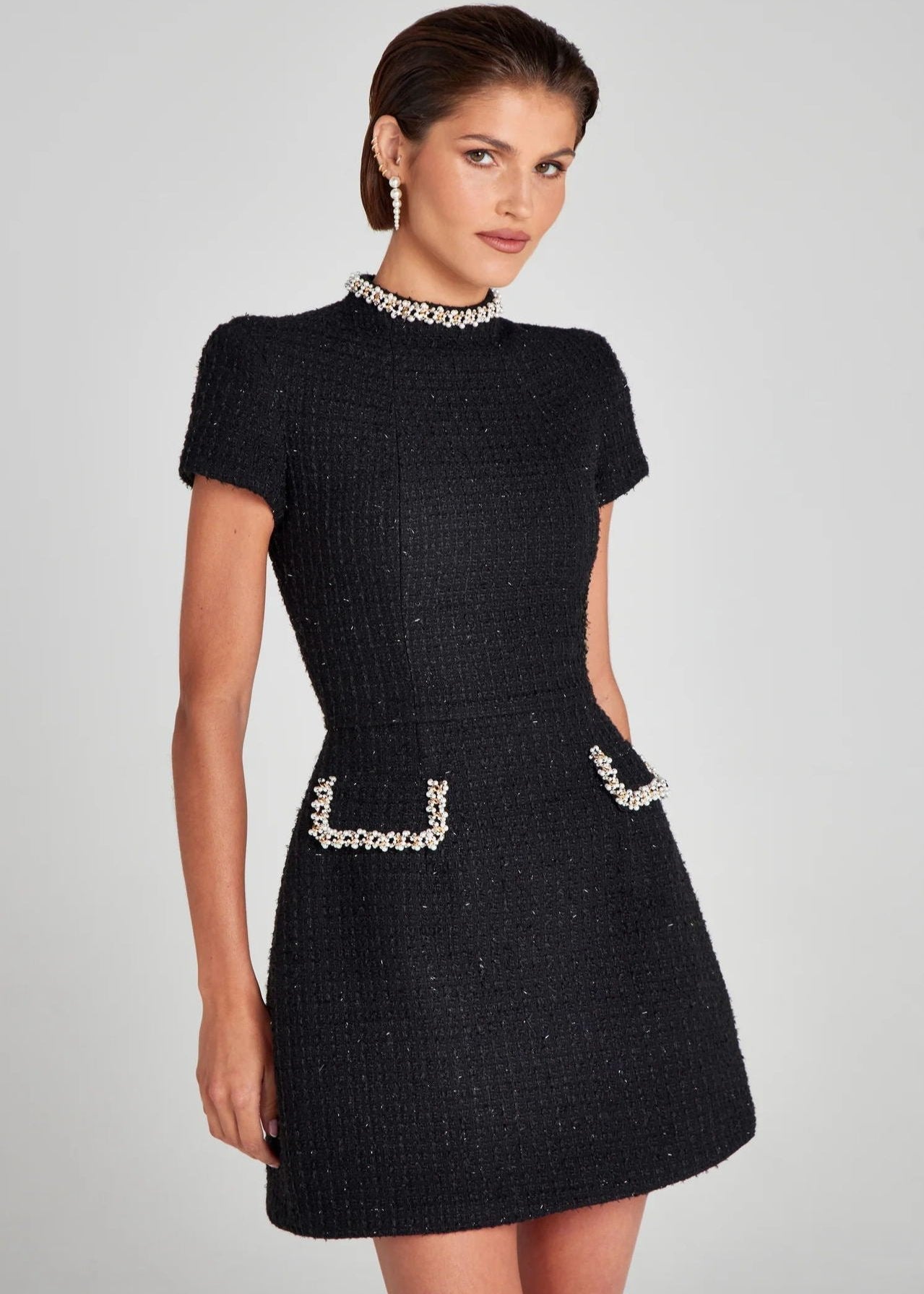 Pearl Crystal Trim Tweed Mock Neck Short Sleeve Patch Pocket Mini Dress