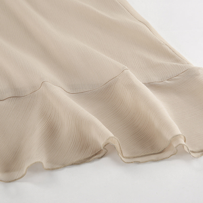 Sheer Tiered V-Neck Tie Neck Long Flared Ruffle Sleeve Maxi Dress
