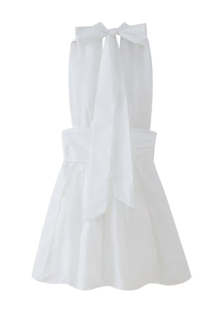 Halter Neck Rose Applique Pearl Trim A-Line Mini Dress
