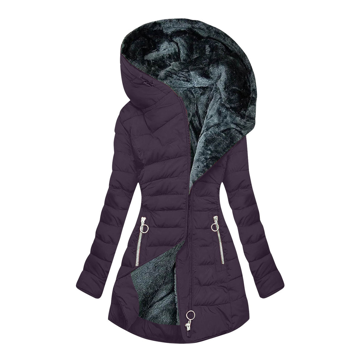 Hooded Fleece Lined Zip Front Quilted Puffer Coat 4