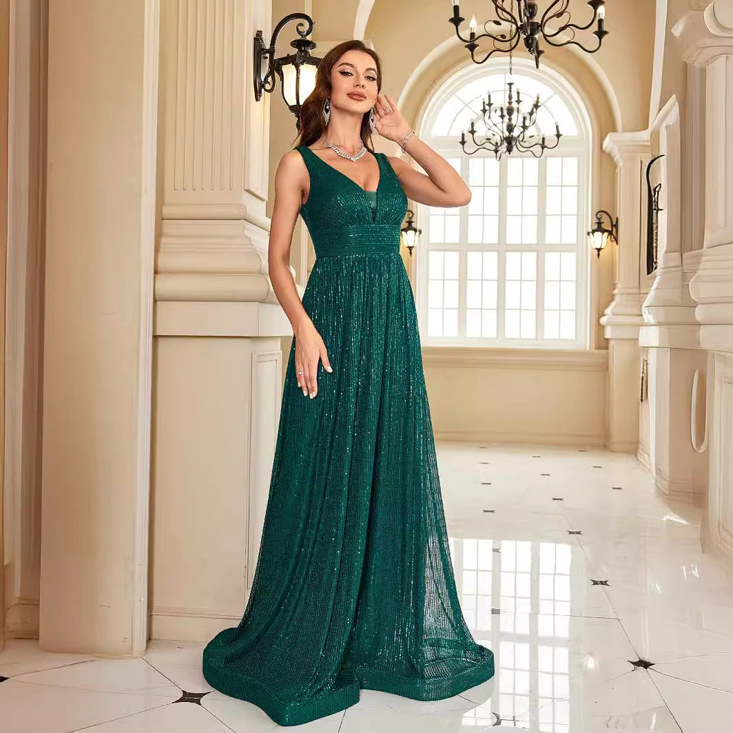Sequin V-Neck Sleeveless Ruched Waist A-Line Maxi Gown