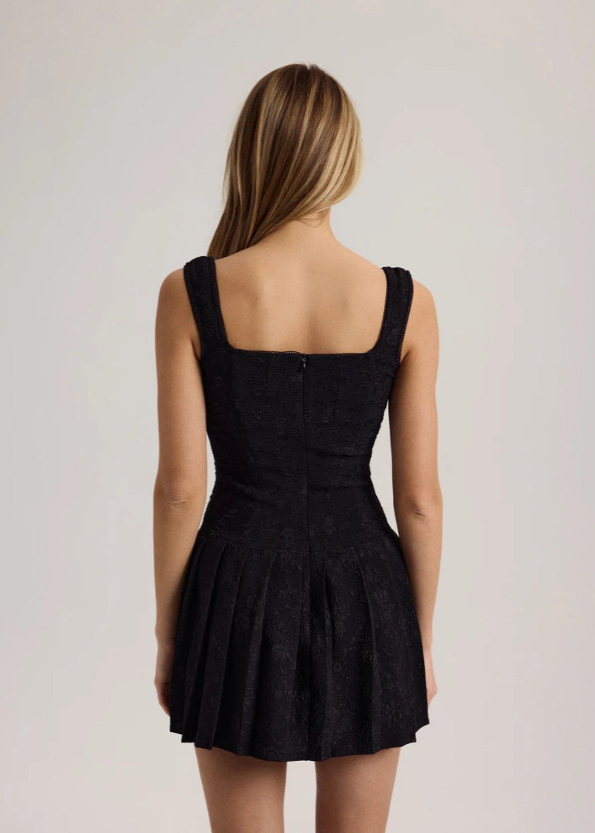 Lace Up Square Neck Sleeveless Corset Pleated Mini Dress