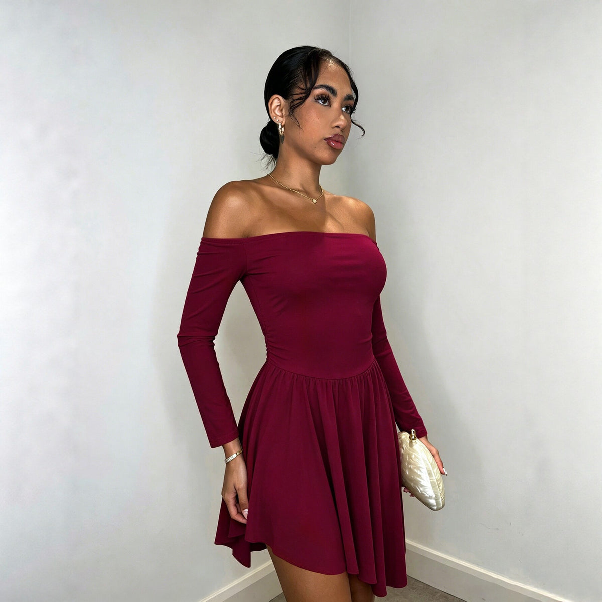 Off Shoulder Long Sleeve Fit and Flare Asymmetric Hem Mini Dress 3