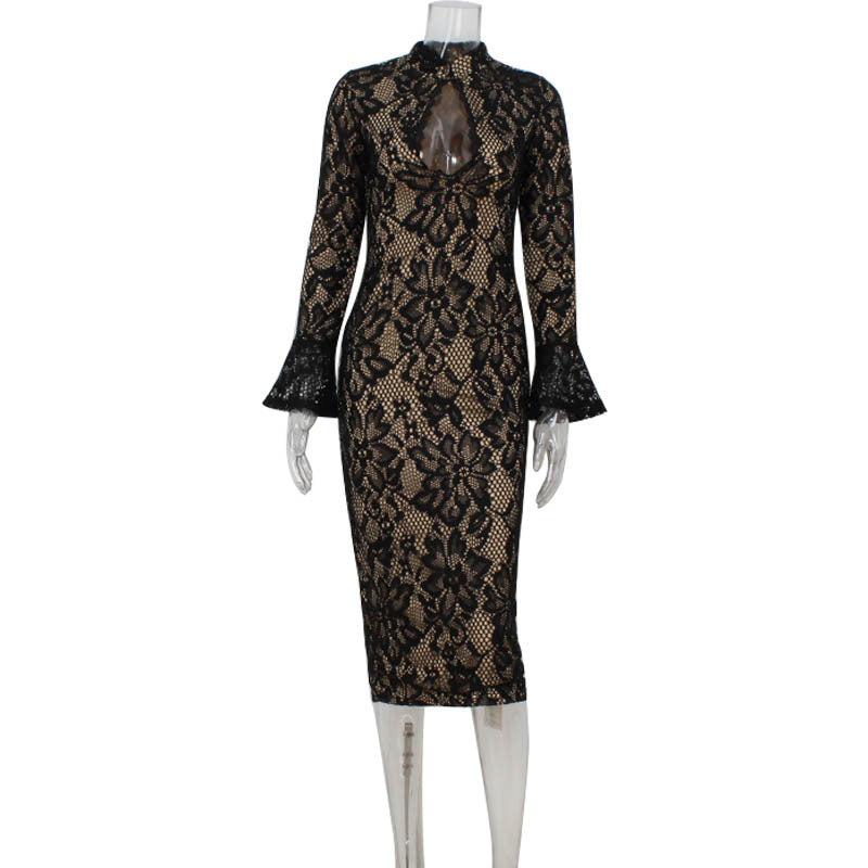 Lace Mock Neck Keyhole Cut Out Flare Sleeve Bodycon Dress 2