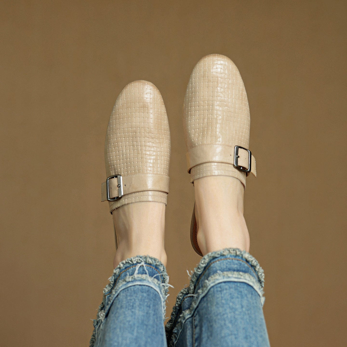 Croc Print Square Toe Buckle Flat Mules