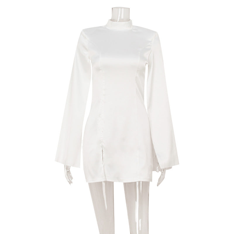 Satin Mock Neck Cape Sleeve Side Split Bodycon Mini Dress 2