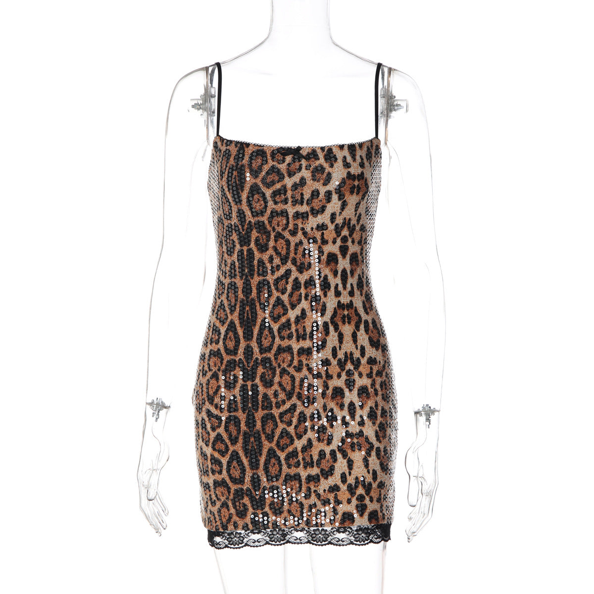 Leopard Sequin Spaghetti Strap Lace Trim Hem Bodycon Mini Dress 6