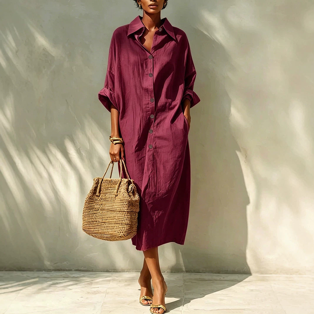 Collared Button Front Batwing Sleeve Oversized Midi Shirt Dress 7