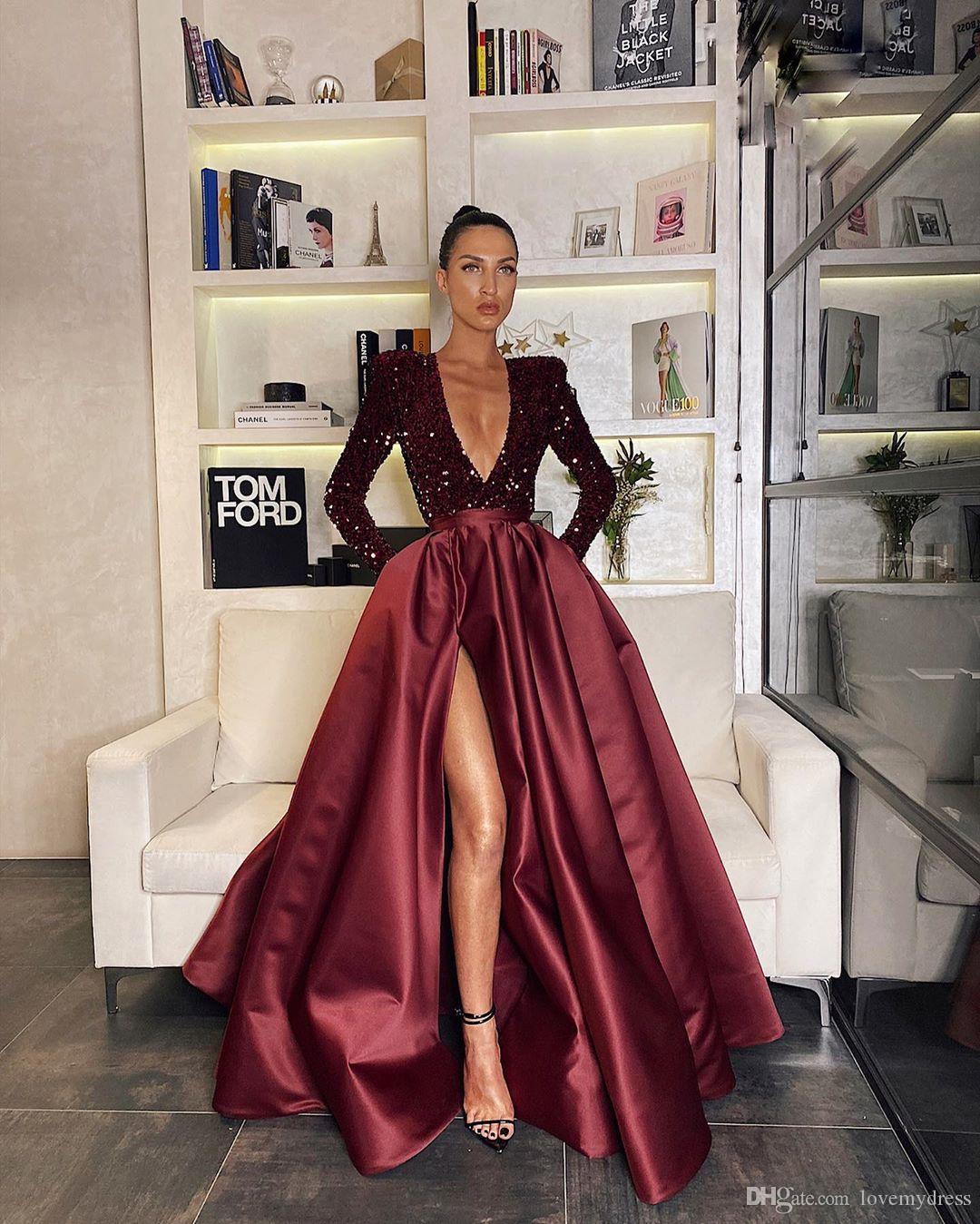 Sequin Deep V-Neck Long Sleeve Satin High Split A-Line Evening Gown