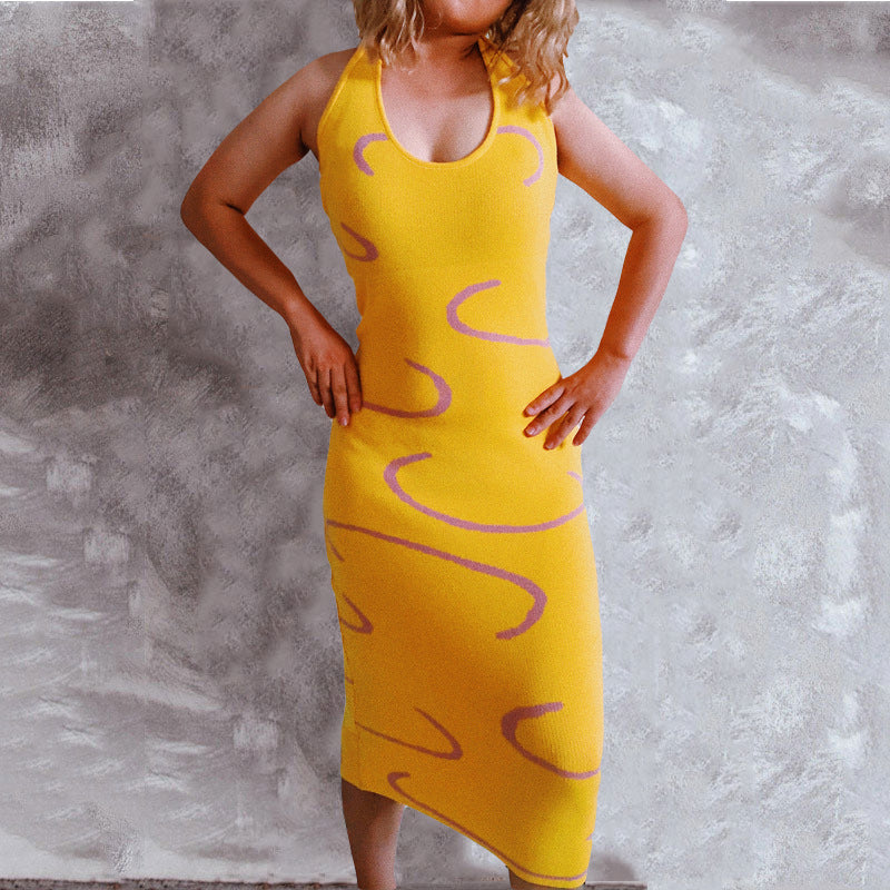 Abstract Swirl Print Knit Halter Scoop Neck Bodycon Midi Dress 2
