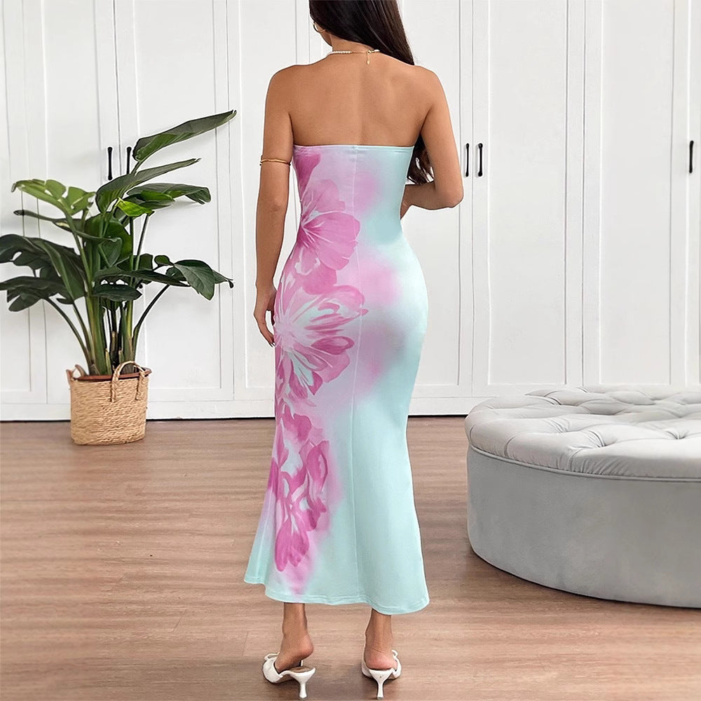 Women Clothing Summer Sexy Bandeau Slim Fit Printing Color Contrast Backless Sheath Dress