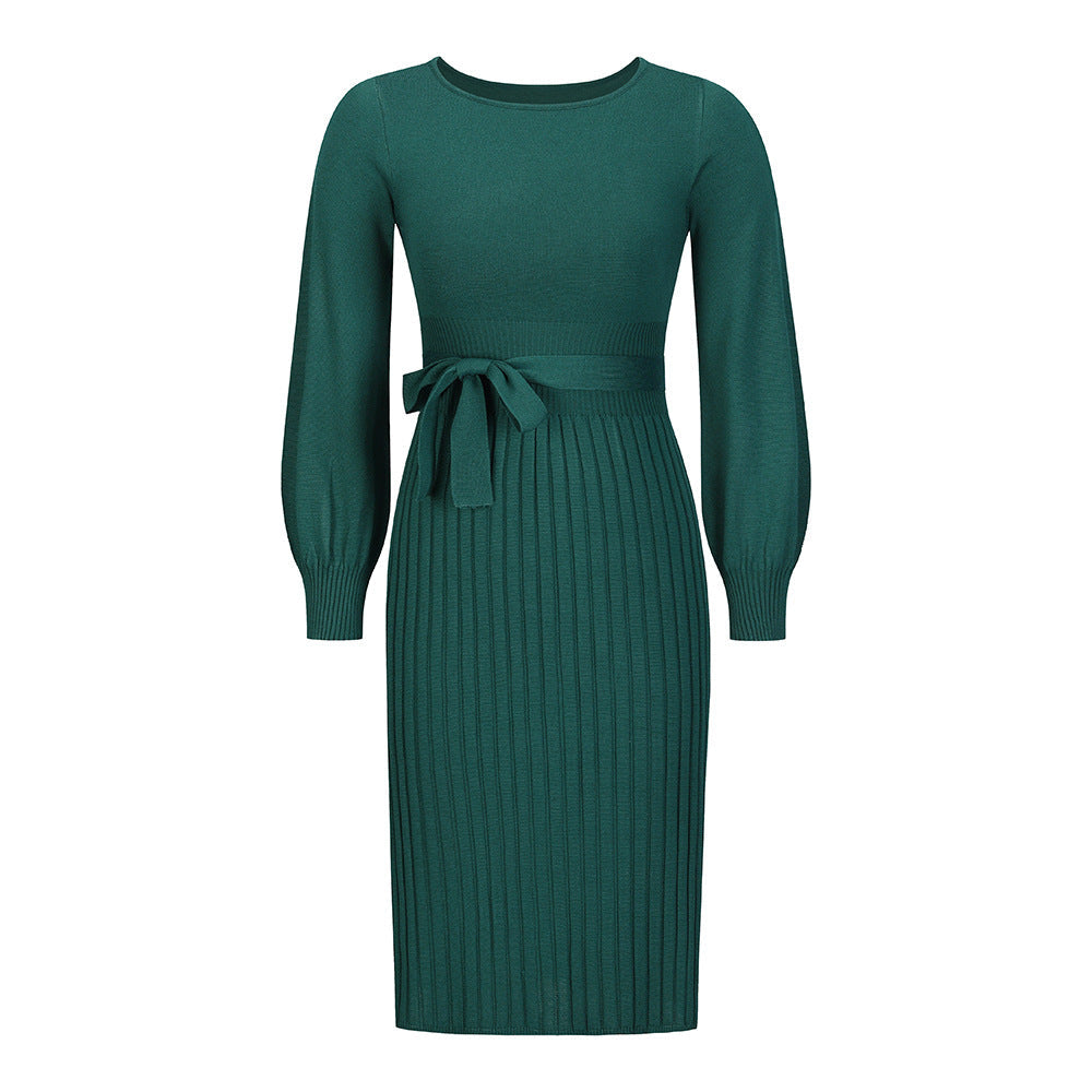 Knitting Dress Slim - Fit Pleated Mid - Length Bottoming Sweater