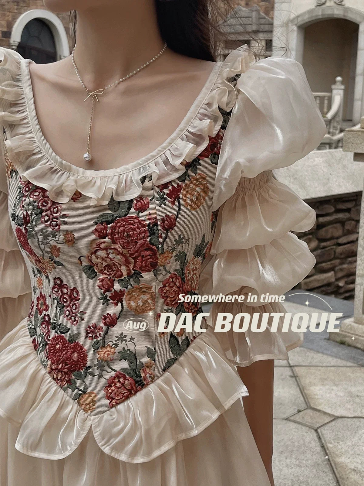 Floral Corset Puff Sleeve Square Neck Maxi Dress 5
