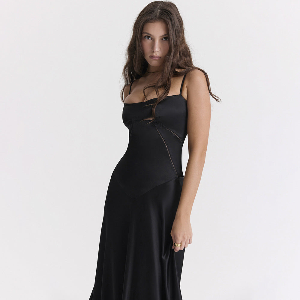 Square Neck Lace Up Back Satin Slip Maxi Dress