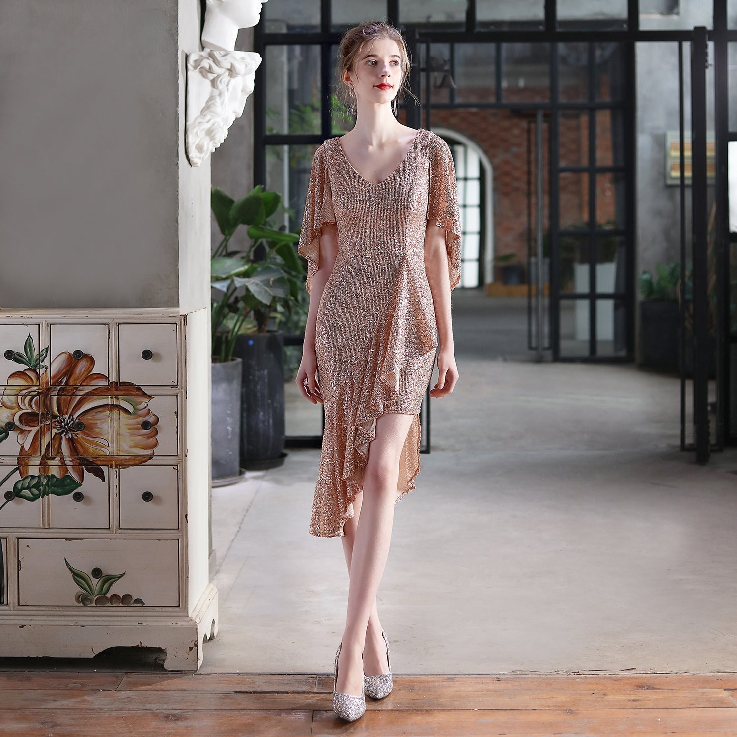Sequin V-Neck Flutter Sleeve High Low Asymmetric Cocktail Dress