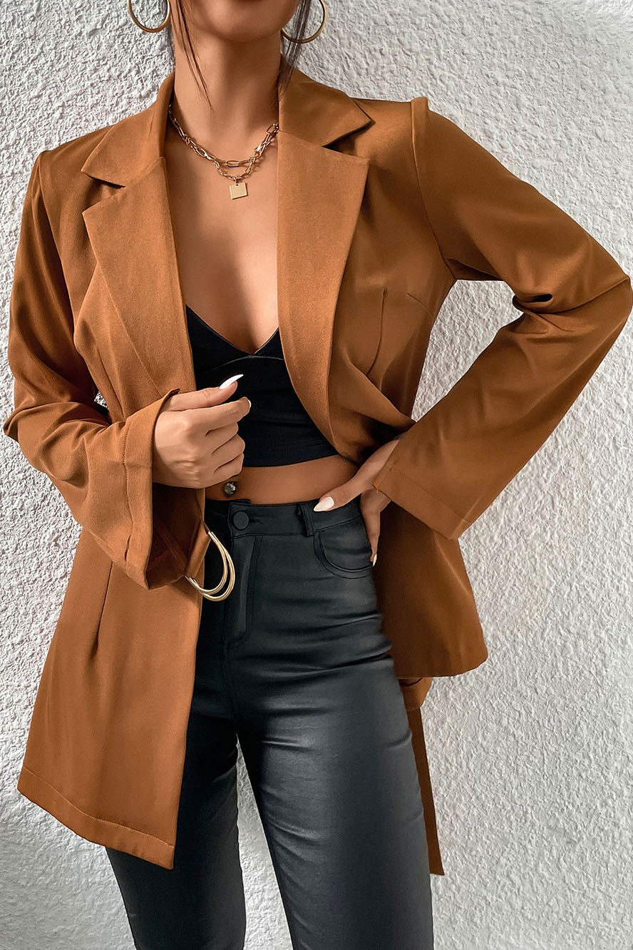 Brown Mid Length Slim Fit Cardigan Suit