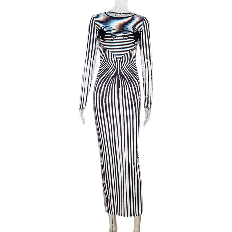 Optical Stripe Print Round Neck Long Sleeve Bodycon Maxi Dress 2