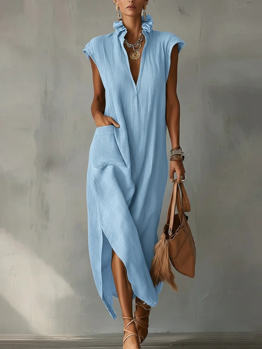 High Neck Cap Sleeve High Split Pocket Maxi Dress 6