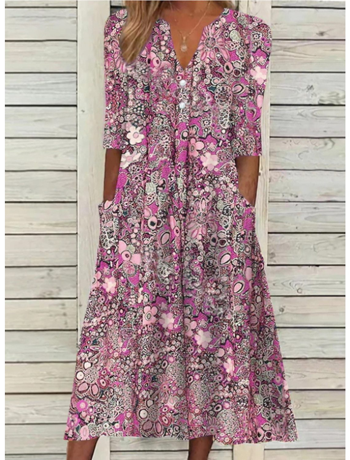 Bohemian Floral Print Deep V-Neck Button Placket Pocket Flowy A-Line Midi Summer Dress