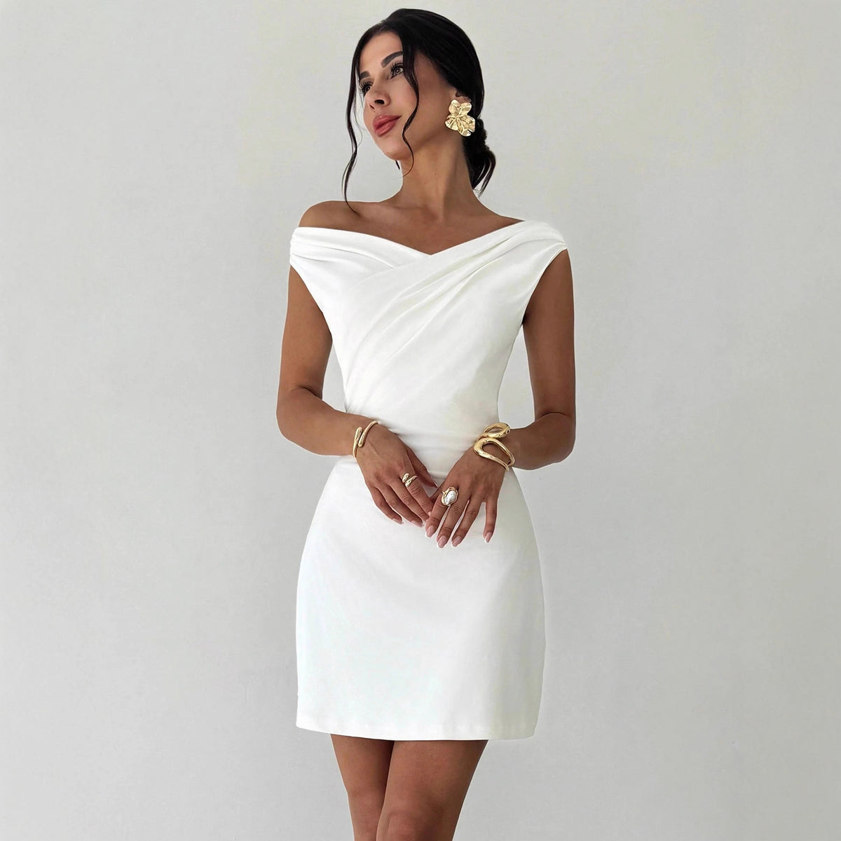 Spring Summer Irregular Asymmetric Cross Collar Stitching Sleeveless Double Layer Slim Dress