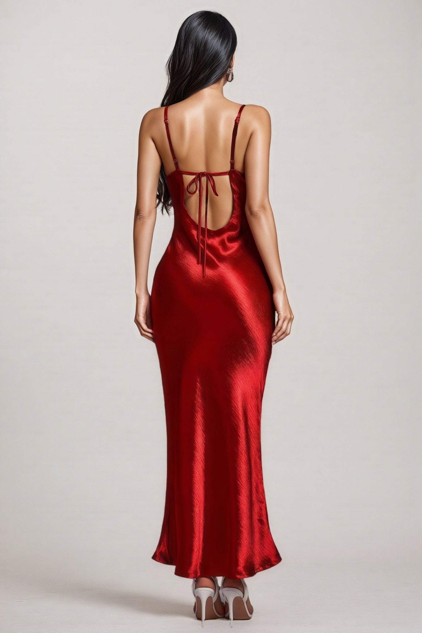 Satin Cowl Neck Spaghetti Strap Fitted Slip Column Maxi Gown