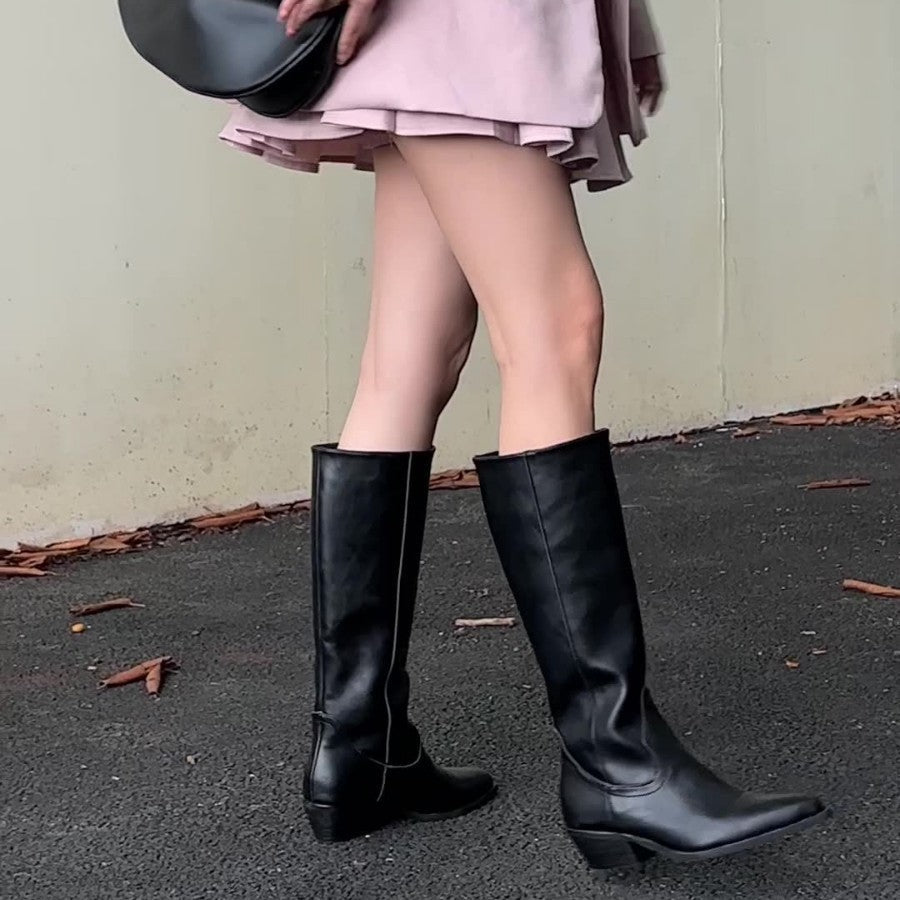Pointed Toe Western Block Heel Knee High Boots