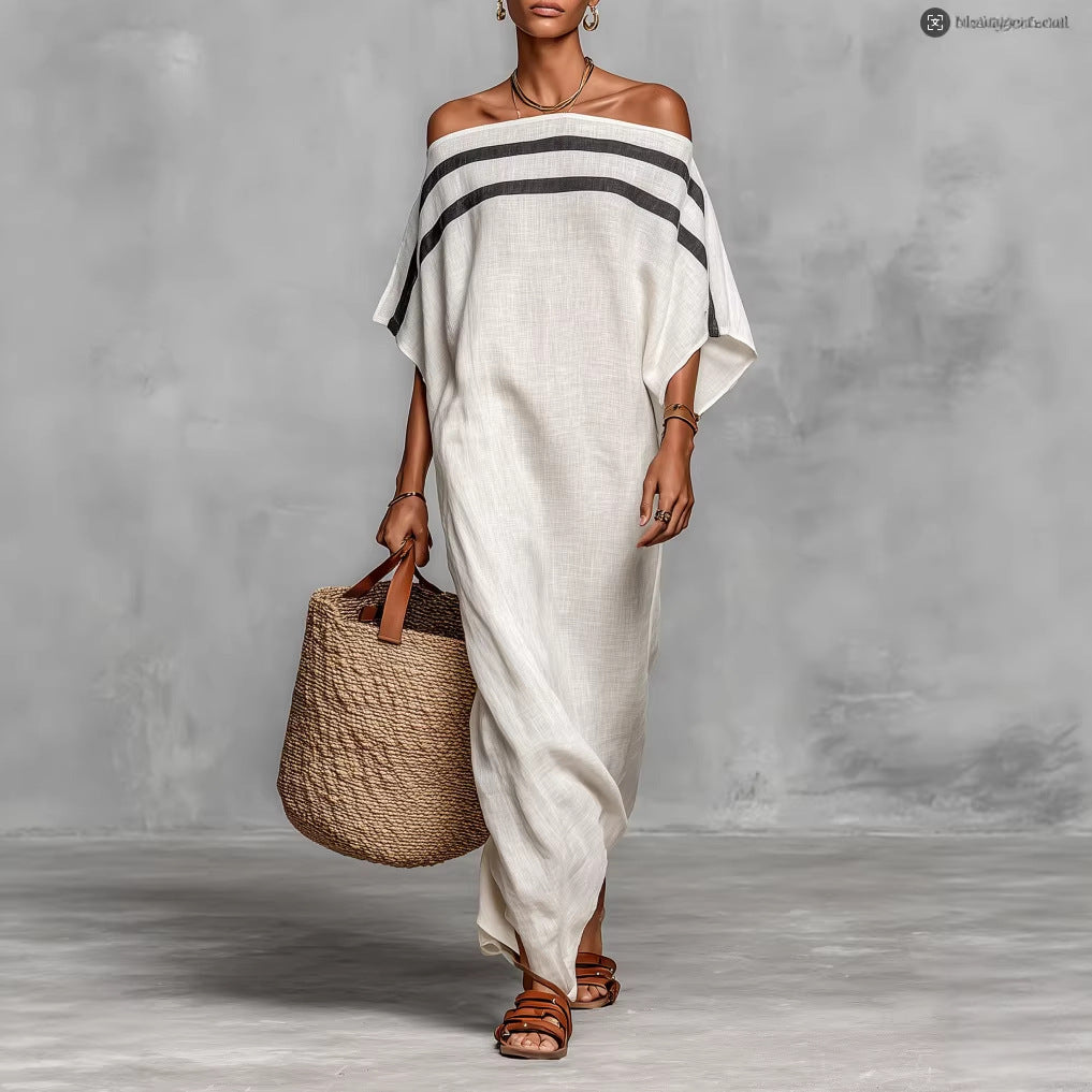 Women Stand Collar Striped Casual Loose Dress