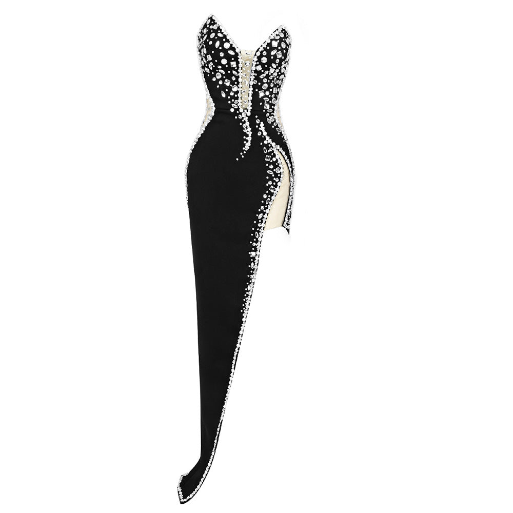 Beaded Pearl Deep V-Neck High Slit Mermaid Gown