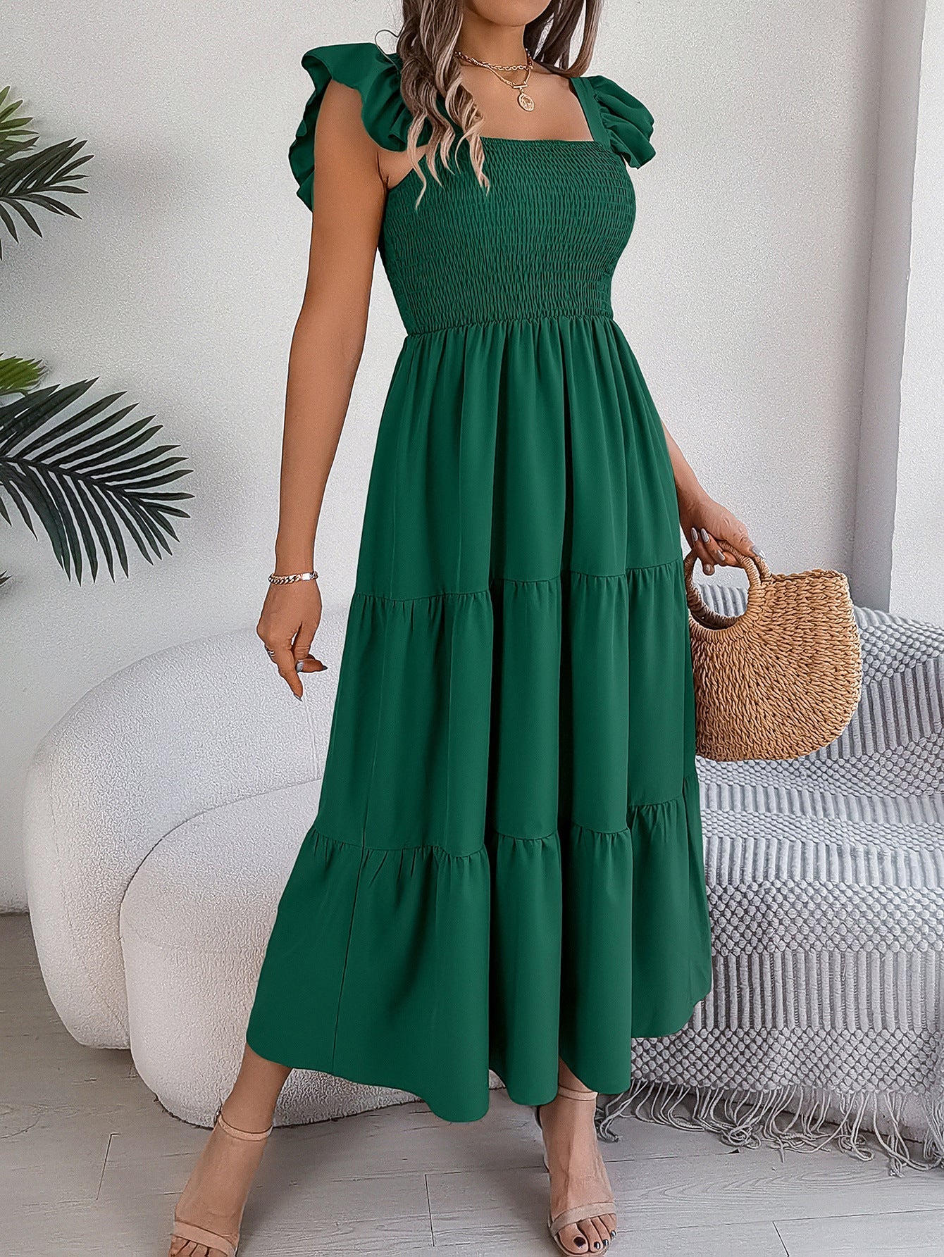 Square Neck Flutter Sleeve Smocked Bodice Tiered Maxi Dress 5