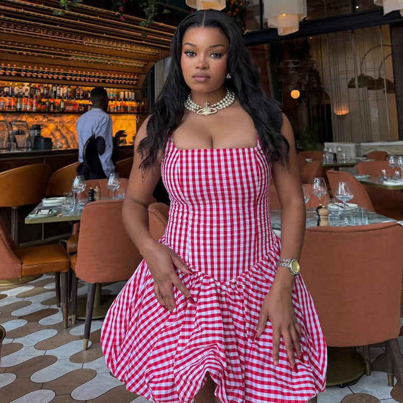 Stripes Women Printed Wear Waist Slimming A line Strap Tube Top Office Sweet Dress