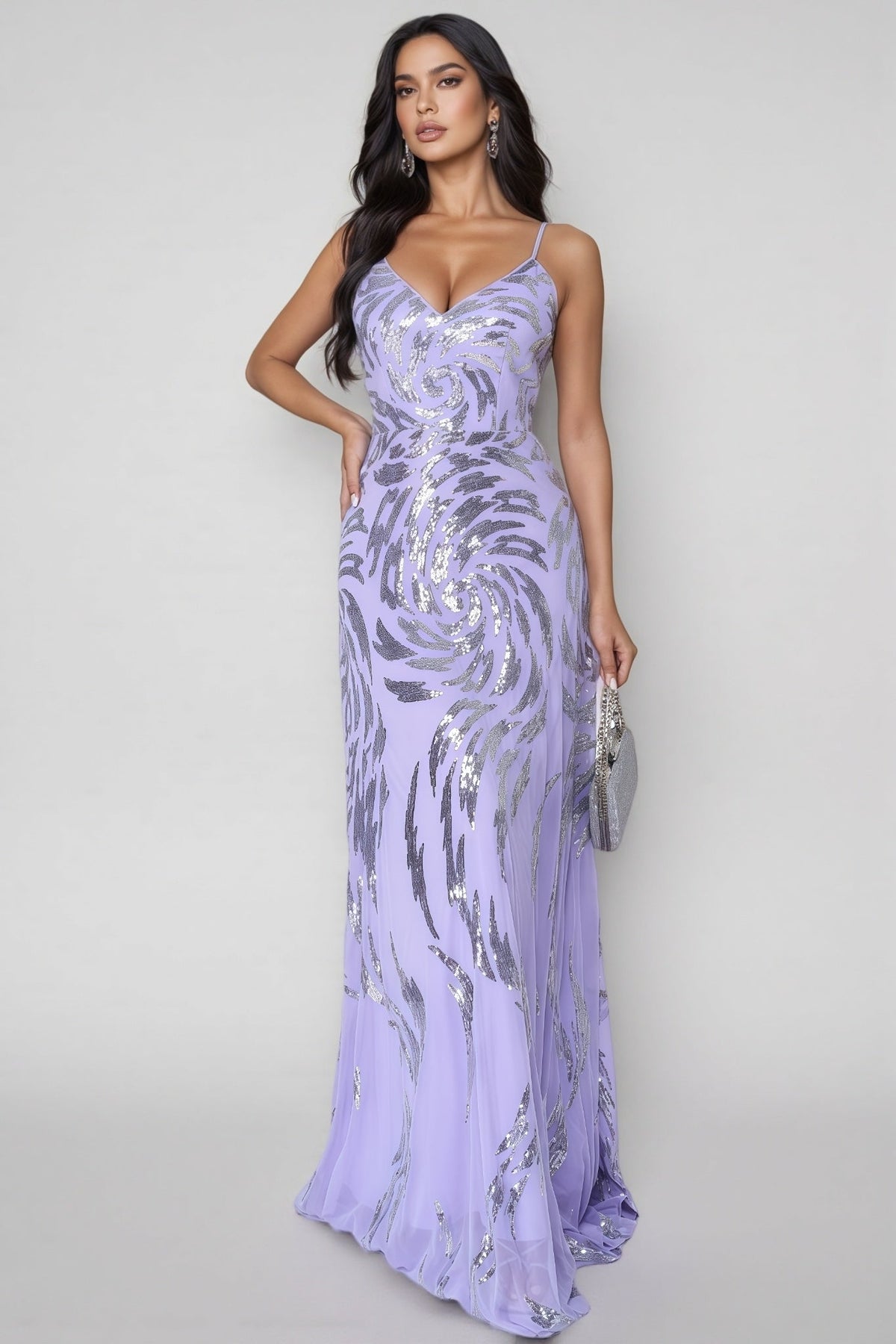 Swirl Sequin Mesh V-Neck Spaghetti Strap A-Line Maxi Dress 4