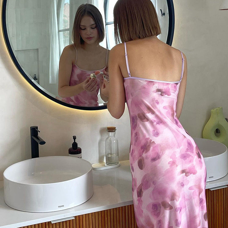 Spaghetti Strap Floral Print Slim Fit Dress Hip