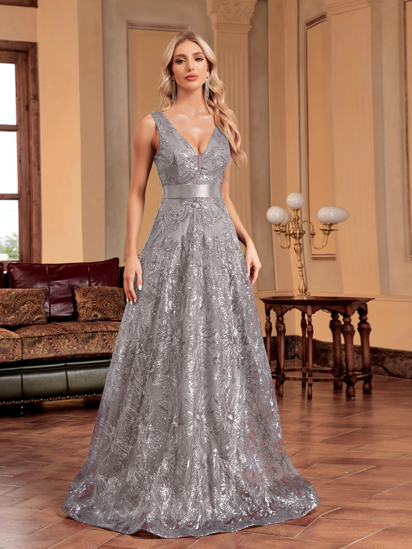 Sequin Deep V-Neck Sleeveless A-Line Maxi Prom Gown