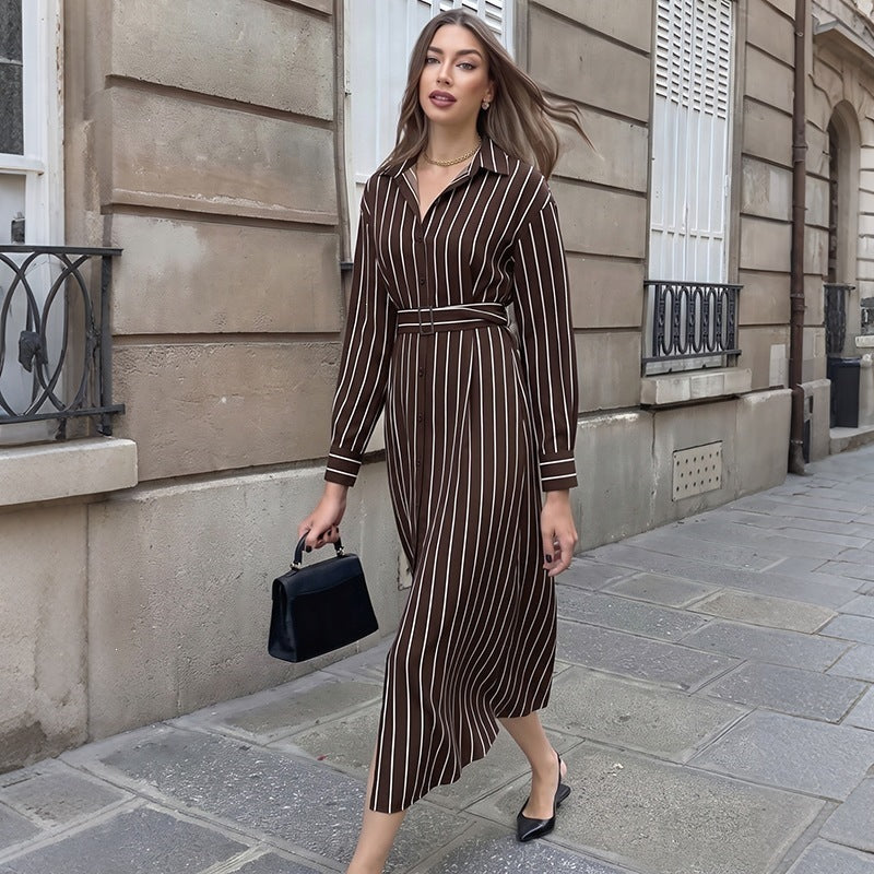 Pinstriped Collared Button Front Long Sleeve Belted Midi Shirt Dress