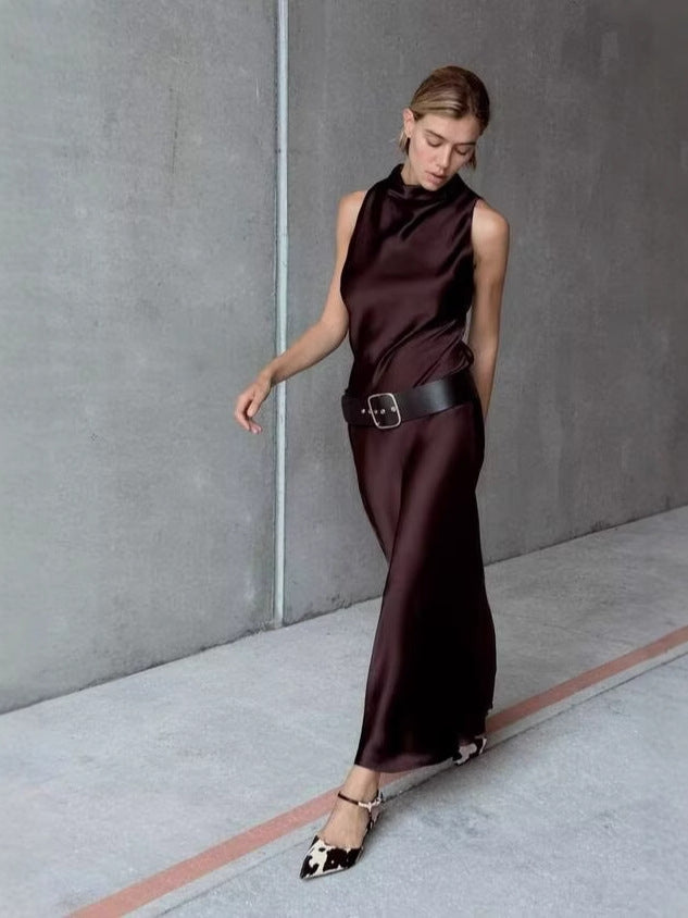 Satin Funnel Neck Sleeveless Bias Cut Slip Maxi Dress