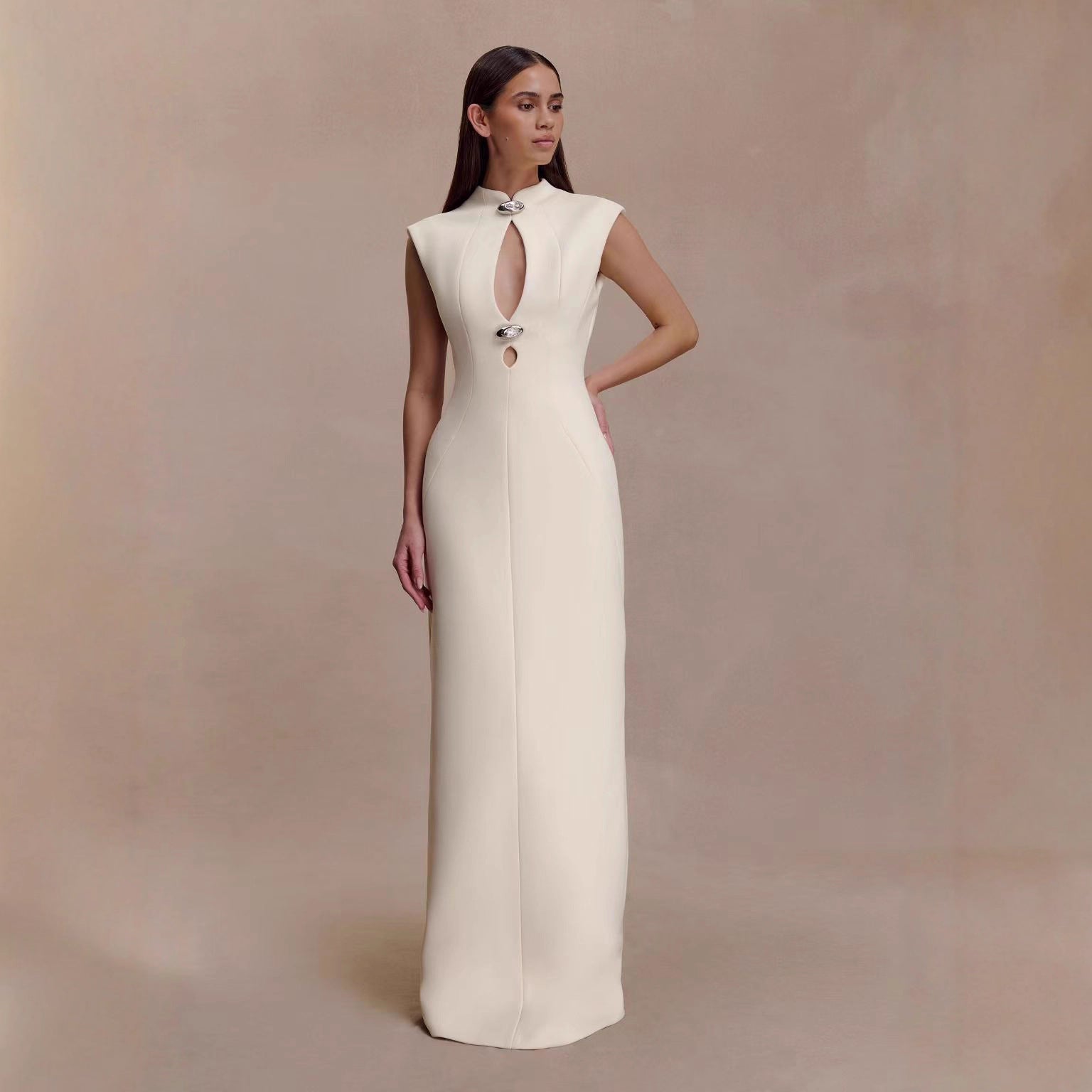 Sleeveless Mock Neck Double Cut Out Hardware Bodycon Maxi Gown
