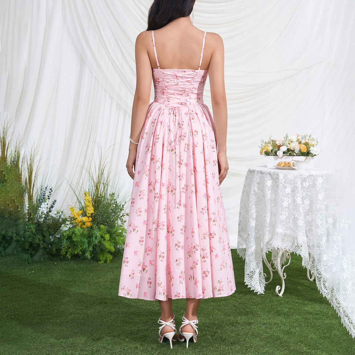 Ditsy Floral V-Neck Cami Fit and Flare Pleated Midi Dress 2