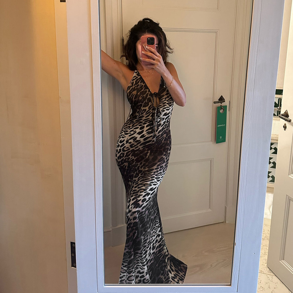 Leopard Print Tie Front Halter V-Neck Backless Maxi Dress 3
