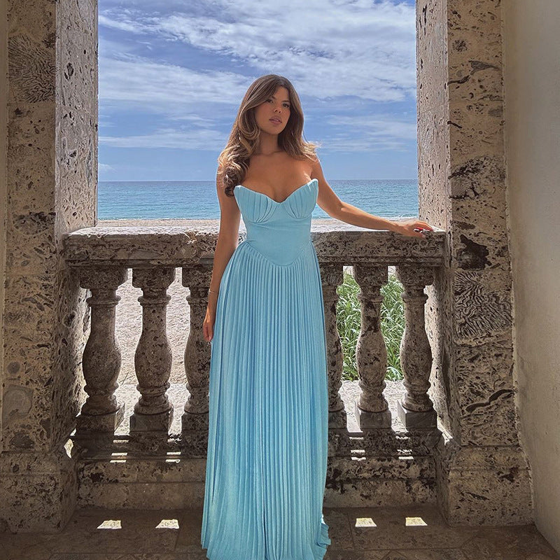 Refined V Neck Pleated Dress Tube Top Maxi Dress Slim Fit Backless