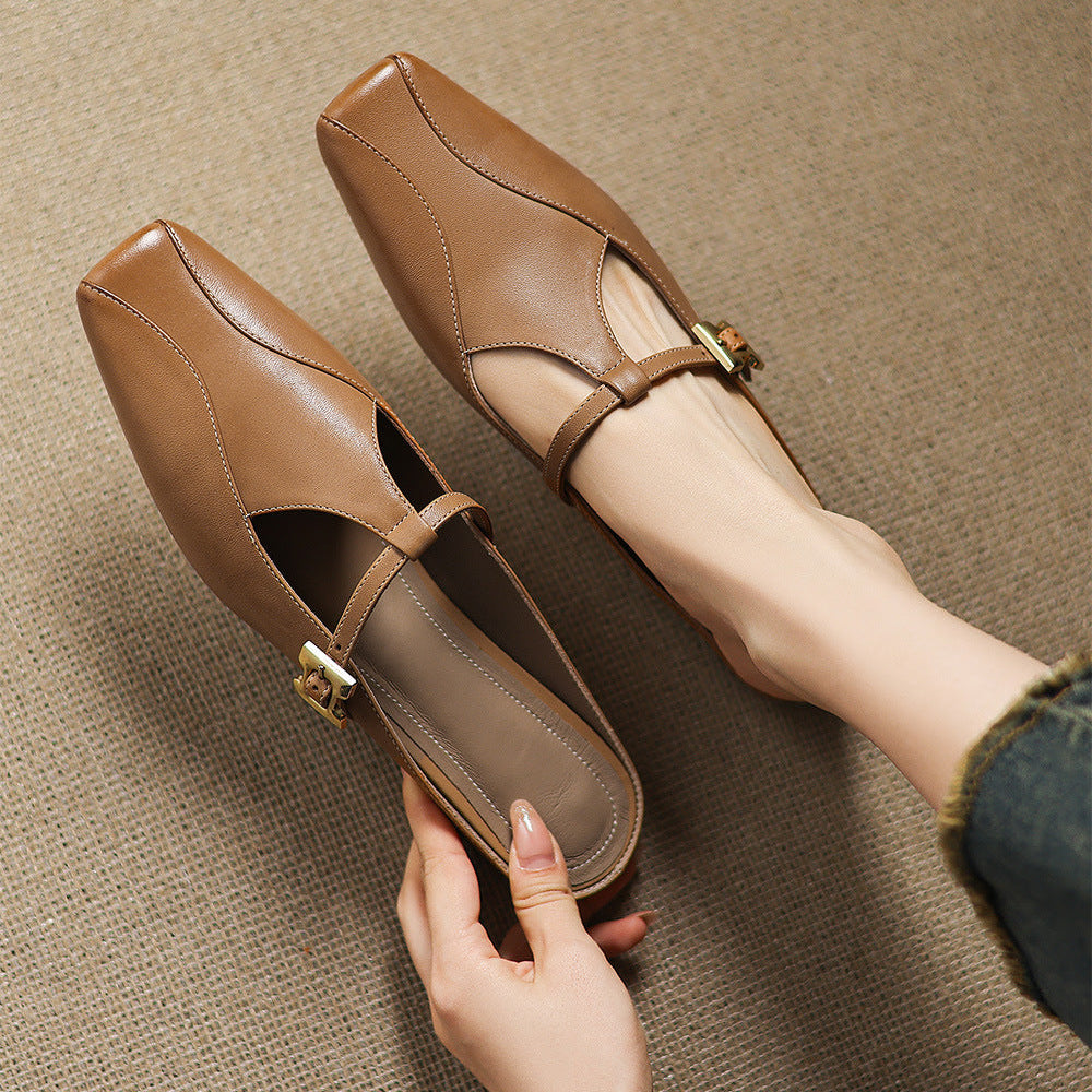 Square Toe Buckle Strap Low Block Heel Mules