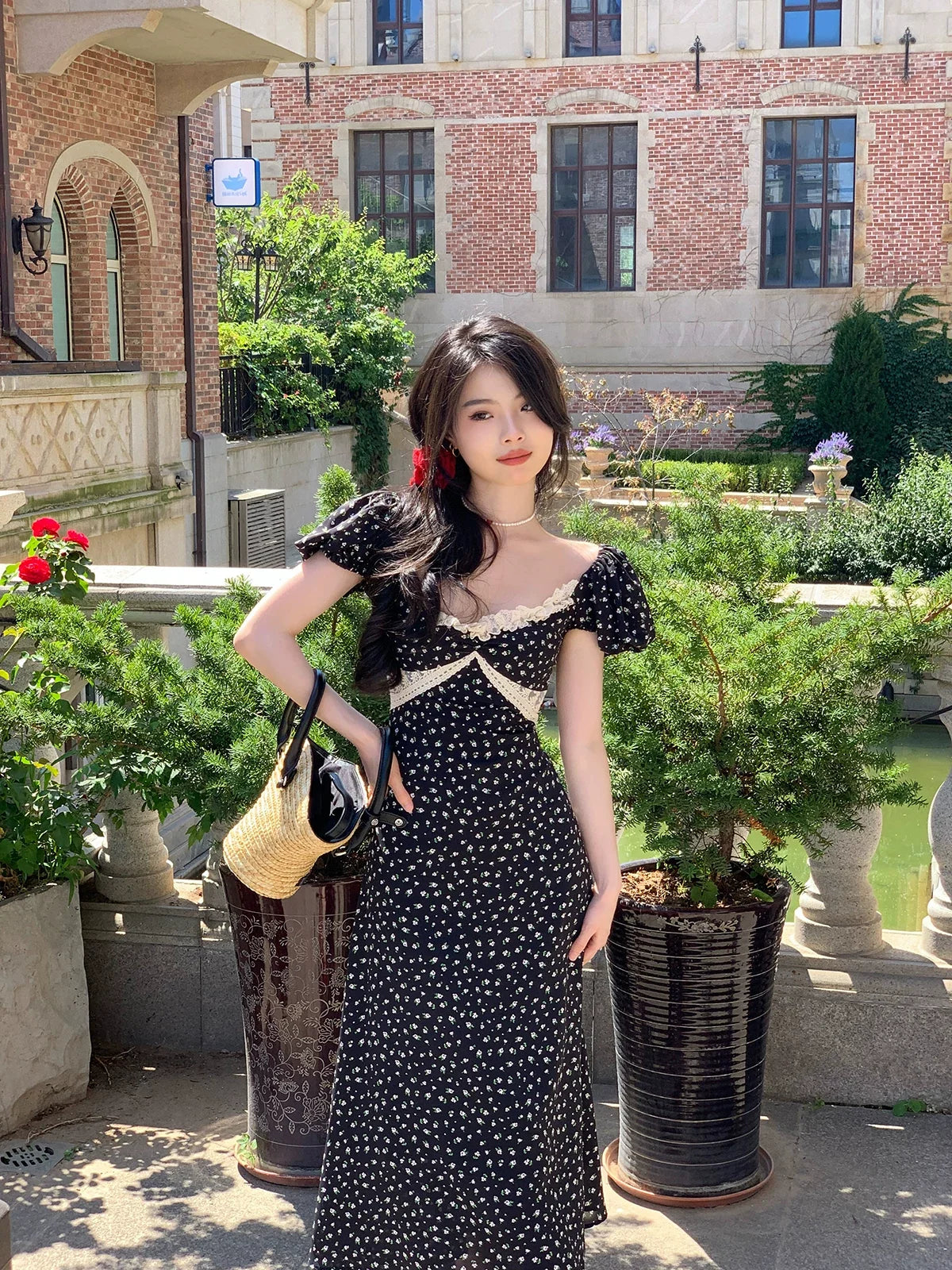 Floral Puff Sleeve Sweetheart Lace Trim Midi Dress 7