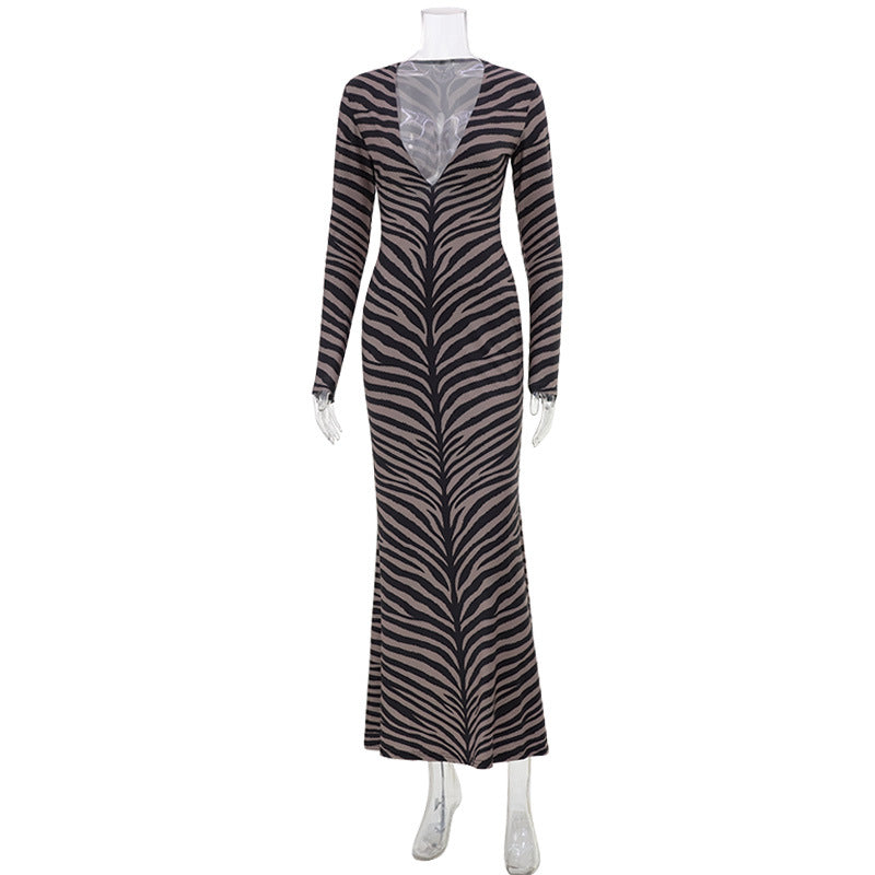 Zebra Stripe Deep V-Neck Long Sleeve Bodycon Maxi Dress 2