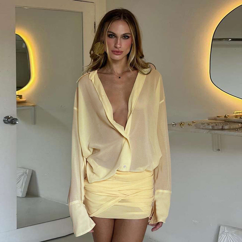 Sheer Oversized Button Down Ruched Wrap Skirt Two-Piece Set