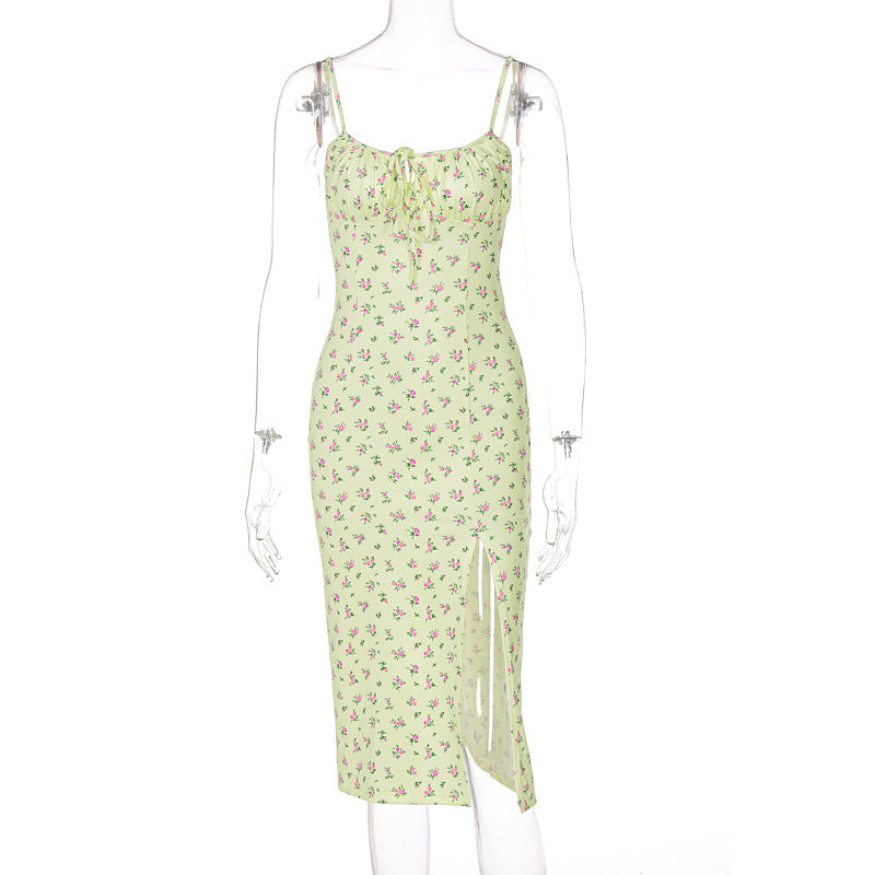 Ditsy Floral Spaghetti Strap Lace Up Bust High Split Midi Dress 6